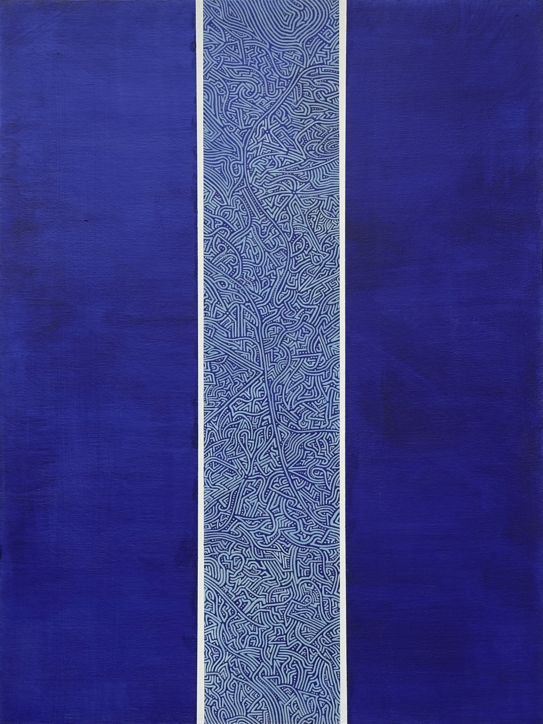 Acrylic painting with deep blue bands flanking a pale blue central band of intricate linework