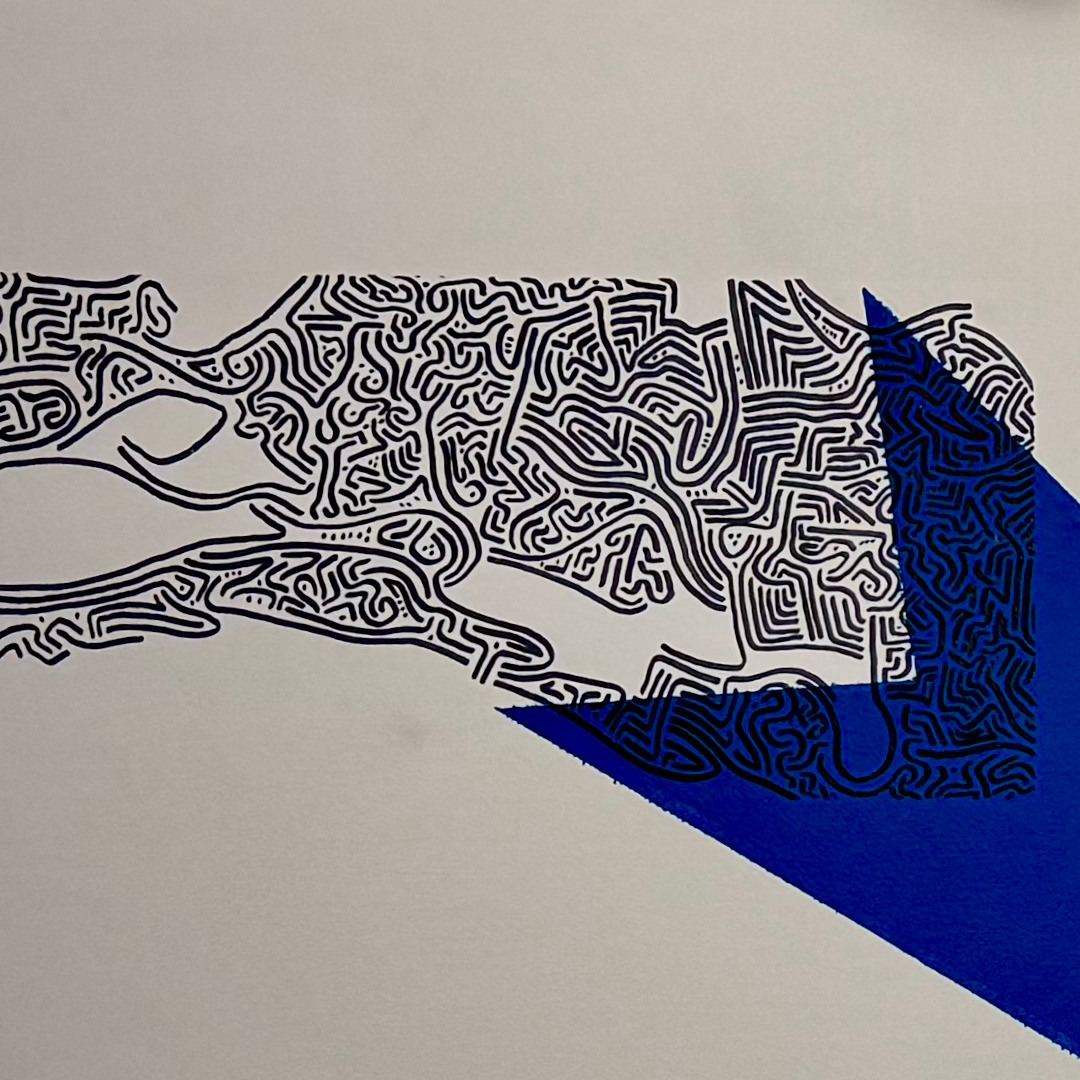 Dettaglio in cui le linee nere attraversano una forma geometrica blu