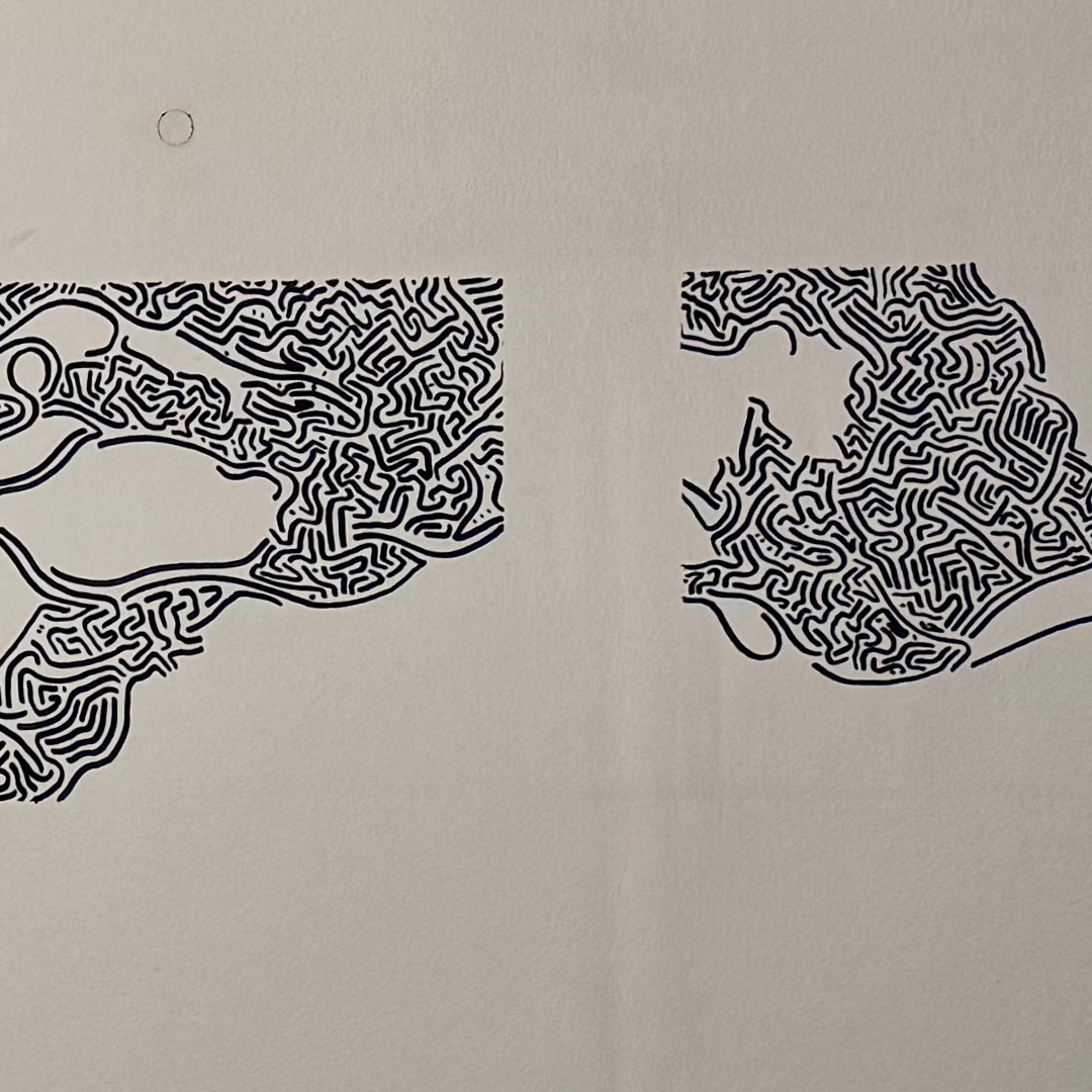 Due frammenti separati di linee nere su un soffitto chiaro