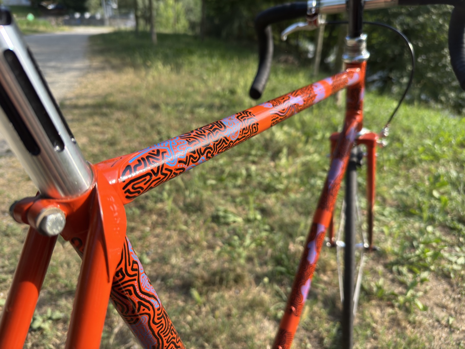 Black and blue painted linework extending along the bicycle top tube