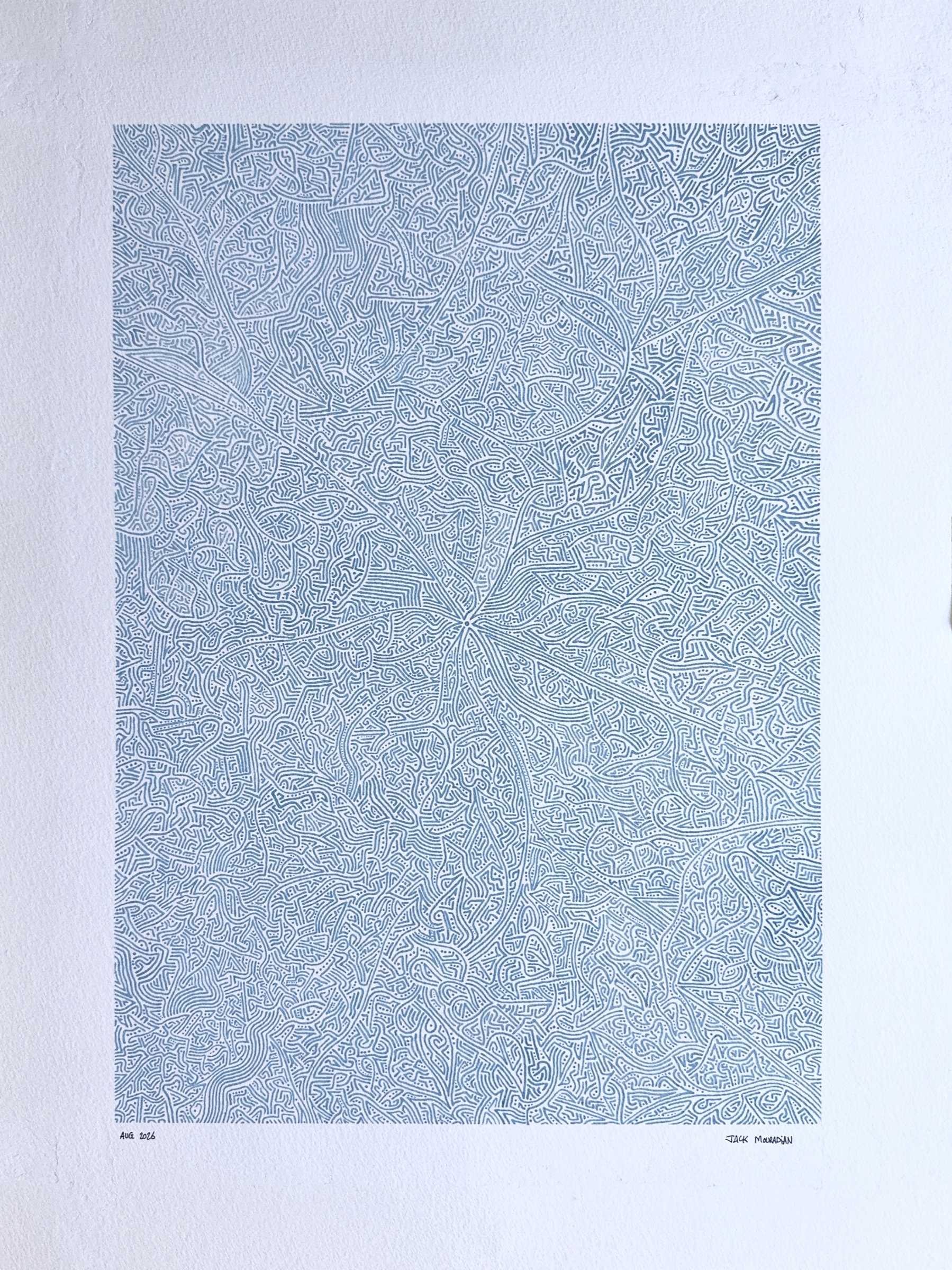Dense pale blue linework and branching paths filling a rectangle on white card